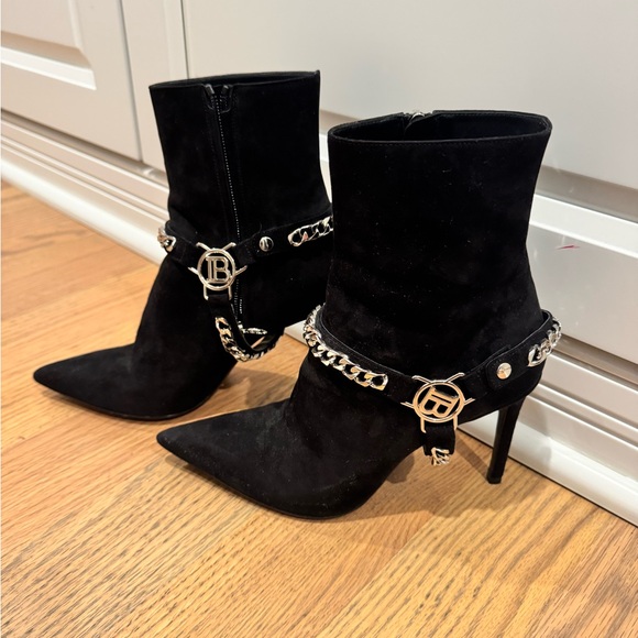 Balmain Black Suede Pointed Toe Chain-Ankle Stiletto Boots